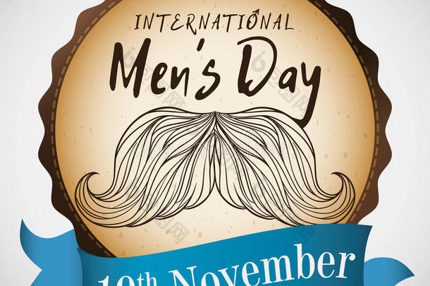 男士日带胡子和缎带复古设计的按钮，矢量插图