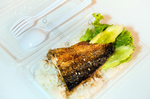 在塑料盒子里烤米饭上的鱼，<strong>带回家</strong>的食物