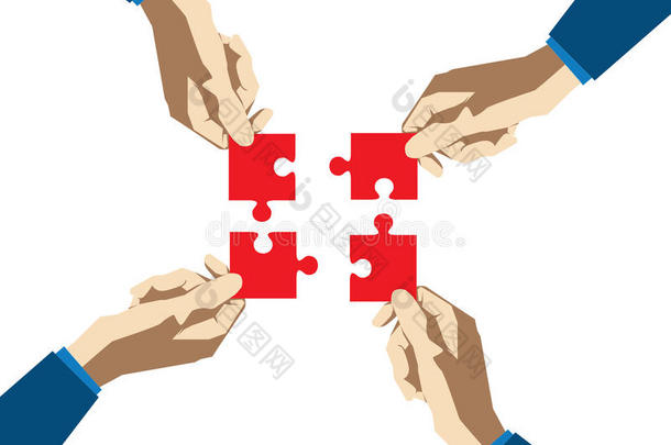 四只手在白色背景上收集拼图。 概念商业插图。 矢量平面