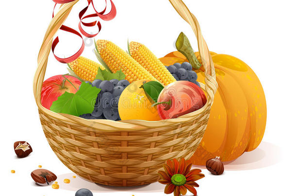 柳条篮子里的水果和蔬菜。 感恩节丰收