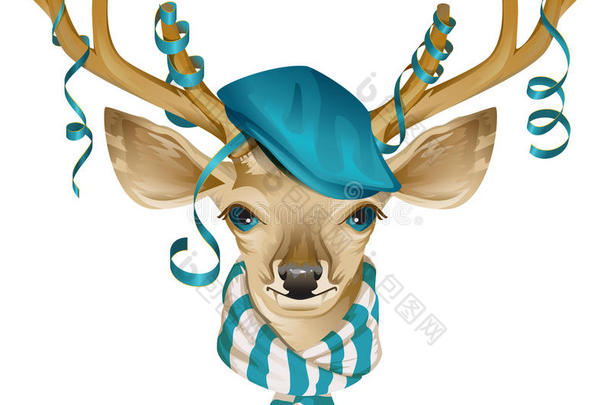 圣诞鹿头戴着时尚的帽子和条纹围巾