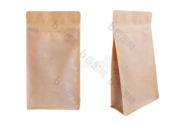 棕色纸拉链袋隔离在白色背景上。 食品包装。