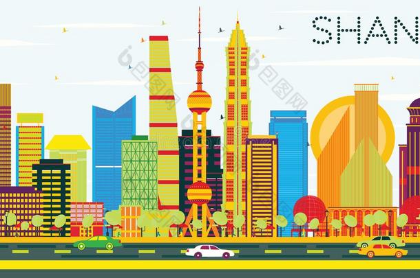抽象的<strong>上海</strong>天际线与彩色<strong>建筑</strong>和蓝天。