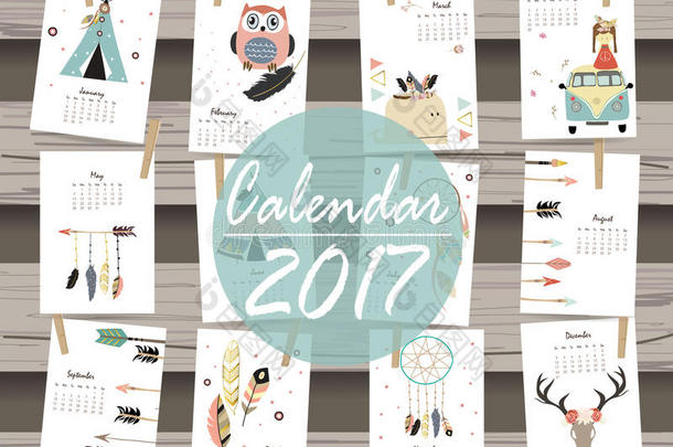 彩色可爱的2017年月历，有帐篷，鲸鱼，羽毛，箭头和野生。可用于网页，横幅，海报，标签和打印