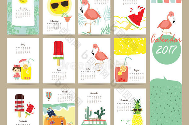 五颜六色可爱的月历2017年与火烈鸟，冰淇淋，菠萝，太阳，面包车在夏季旅行。可用于
