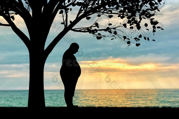 在海边日落附近的树下的胖子