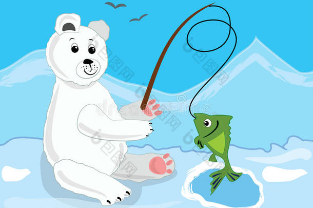 可爱的冰熊在冰天雪地的极地中钓鱼