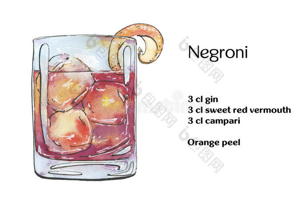 <strong>手绘</strong>水彩<strong>鸡尾酒</strong>Negroni