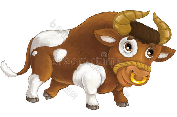卡通快乐的农场动物-快乐的公牛跑着微笑和看起来-艺术风格-