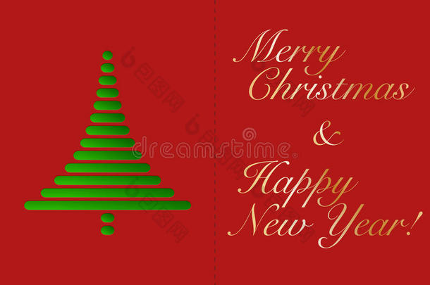 抽象绿色圣诞树从矩形与圆角红色圣诞贺卡与黄金文本。 抽象树o