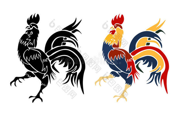 黑色和公鸡画在白色背景上隔离。 2017年火红的公鸡。 插图