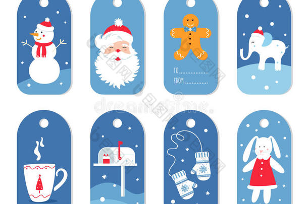 圣诞节和寒假礼物标签或标签与手套，圣诞老人和白象