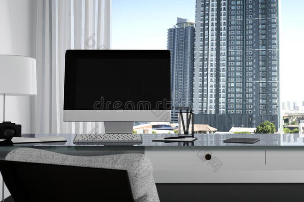 三维渲染：插图关闭创意设计师办公室桌面与空白电脑，键盘，相机，灯等项目