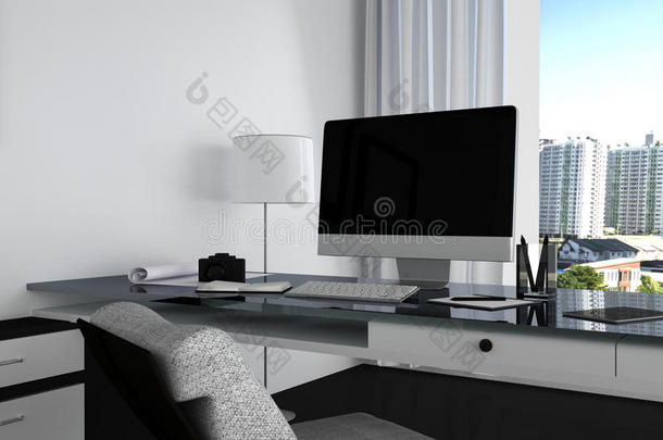 三维渲染：插图关闭<strong>创意设计</strong>师办公室桌面与空白电脑，键盘，相机，灯等项目