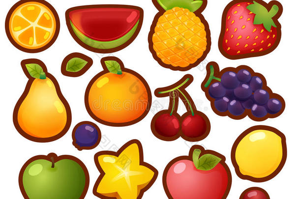 收集一套彩色光泽卡通水果图标，橙色，w