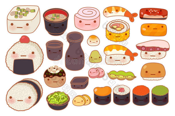 收集可爱的婴儿日本东方食品涂鸦图标