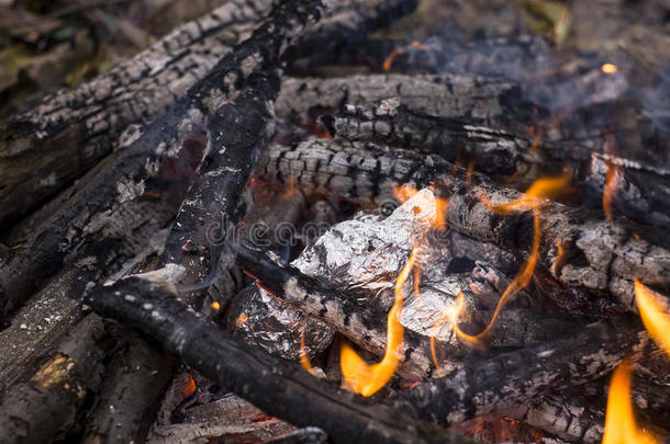用铝箔包裹的烤土豆在篝火中烘烤。