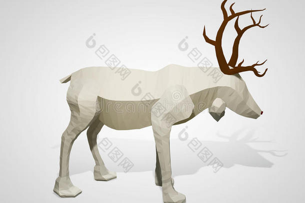 折纸驯鹿的三维插图。 多边形几何风格鹿卡通人物，圣诞插图。