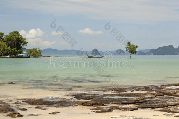 美丽的海滩，海景和传统的泰国渔船。美丽的海滩，热带树木，海浪和