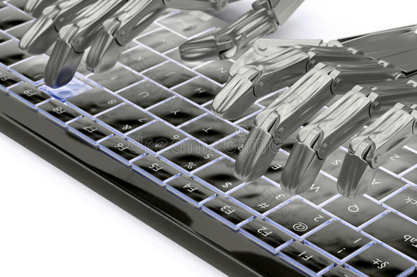 键盘上的3D插图金属手机器人