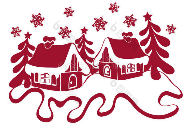 圣诞<strong>冬季</strong>抽象构图。雪中的<strong>房屋</strong>轮廓