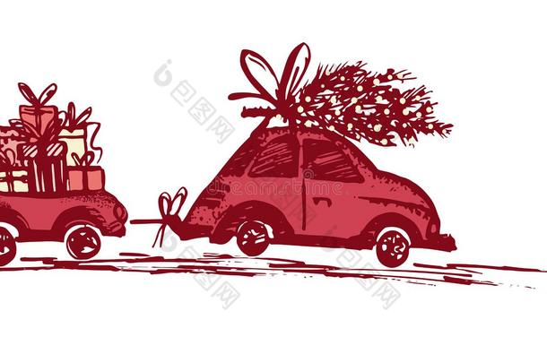 贺卡与圣诞树在汽车屋顶和汽车拖车与圣诞节礼物。