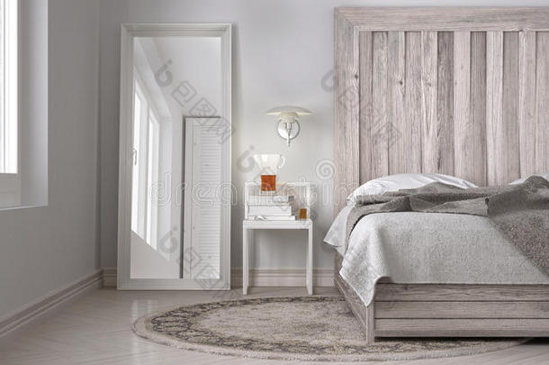 DIY卧室，床与木制床头板，斯堪的纳维亚白色生态c