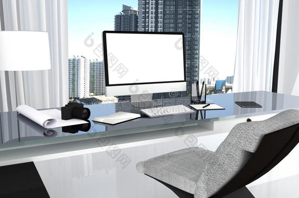 三维渲染：插图关闭创意设计师办公室桌面与空白电脑，键盘，相机