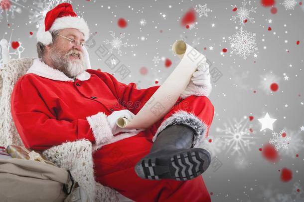 圣诞老人在白色背景下滚动阅读愿望列表的复合图像