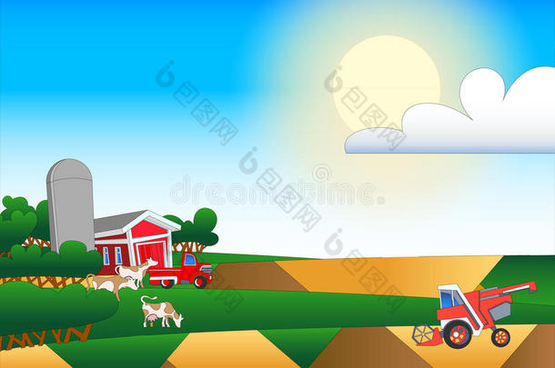 带有建筑物和羊群的农田的卡通插图