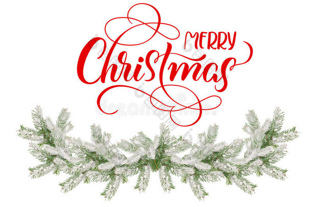 冷杉树枝在雪中白色的背景和圣诞快乐的文字。 刻字书法