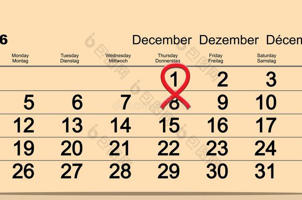 2016年12月1<strong>日世界艾滋病日</strong>。 红色丝带符号。 <strong>日</strong>历<strong>日</strong>期提醒