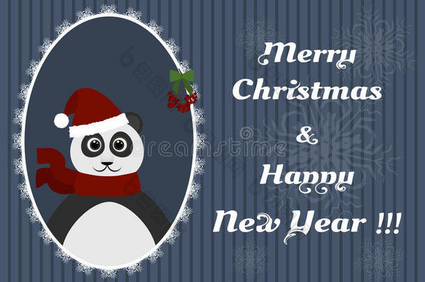 卡通熊猫在圣诞帽和围巾在开放的框架。 新年背景