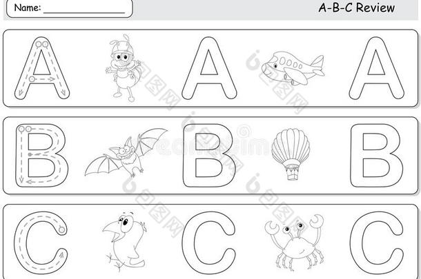 <strong>卡通</strong>蚂蚁，飞机，蝙蝠，气球，乌鸦和<strong>螃蟹</strong>。 字母追踪工作表