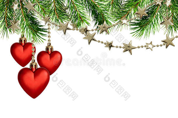 圣诞花环与星星和<strong>红心装饰</strong>和松树