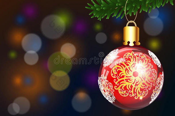 圣诞节和快乐的新年背景与云杉树枝，雪和圣诞球