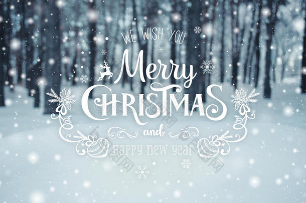 圣诞背景与冷杉树和模糊的冬天背景与文字，圣诞快乐和新年快乐。 寒冷的冬天
