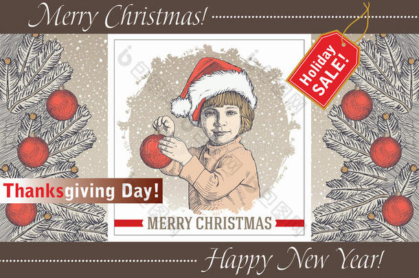 贺卡，框架。 新年快乐圣诞快乐。 家庭。 孩子，孩子。 圣诞老人，树。 冬天。 老式矢量插图。