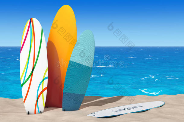 沙滩上五颜六色的夏日冲浪板。 三维渲染