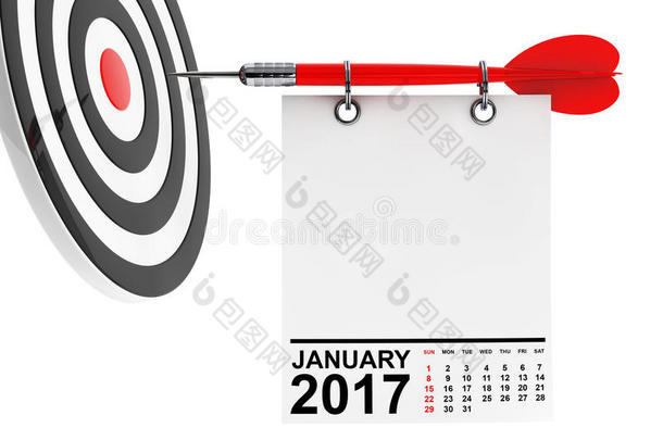 日历2017年1月与目标。 三维渲染