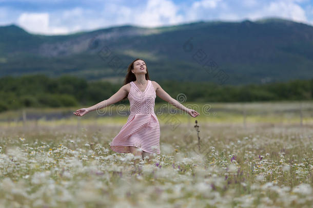 穿着粉红色无袖连衣裙的女孩走在洋甘菊的草地上