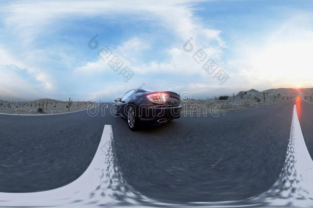 公路上的黑色跑车。 非常快的驾驶。 360球面全景。 三维渲染。