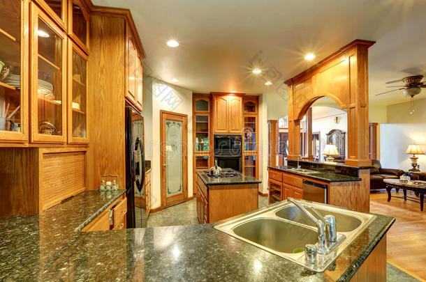 美丽的<strong>定制设计</strong>厨房房间与华丽的花岗岩。
