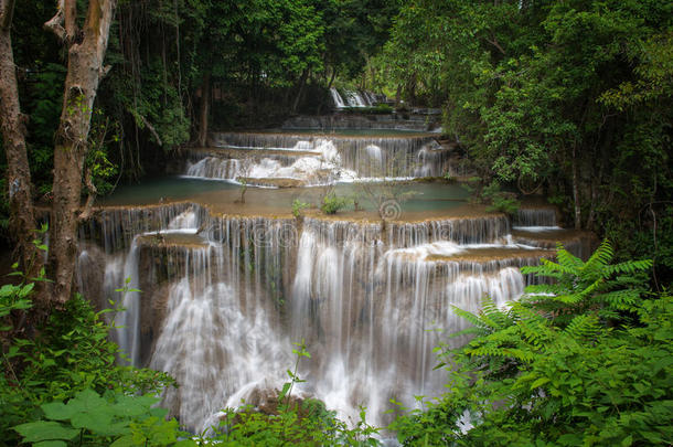 绿色景观与绿色瀑布，埃拉万瀑布，位于Karnchanaburi