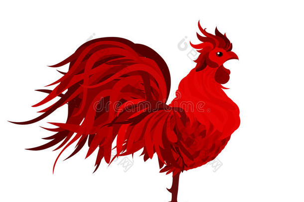 燃烧的公鸡。 矢量。 符号2017。孤立的轮廓红色公鸡
