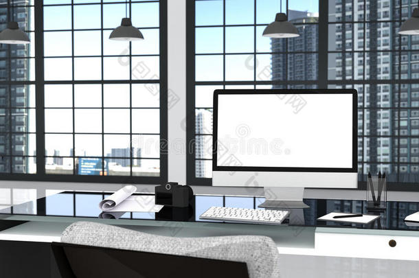 三维渲染：插图关闭创意设计师办公室桌面与空白电脑，键盘，相机，灯