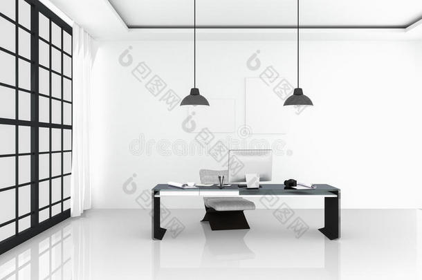三维渲染：用PC电脑、键盘、相机、灯说明创意设计师桌面的现代室内白色办公室
