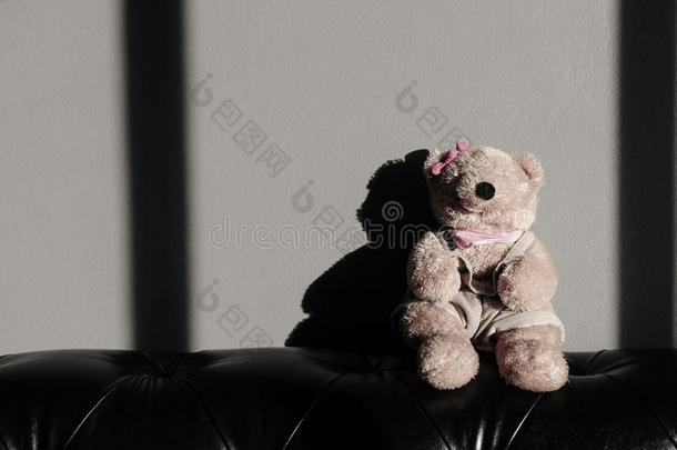 可爱的泰迪熊女娃娃玩具坐在<strong>老式沙发</strong>上