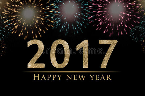 2017年新年快乐`除夕插图，卡片上放着五颜六色的烟花