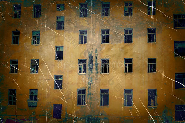 废弃的建筑墙与破碎的玻璃窗复古照片模仿与硬装饰